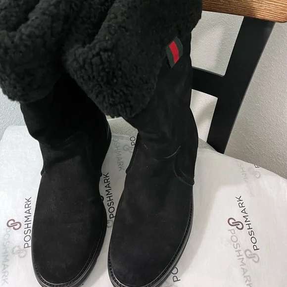 GUCCI SAINT MORITZ PRE-LOVED RARE AUTHENTIC BLK SUEDE LEATHERSHEARLING BOOTS